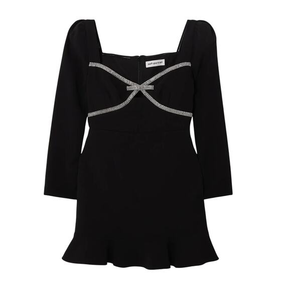 Self-Portrait Embellished Black Bow Trim Mini Dress Size 4 UK / US 0